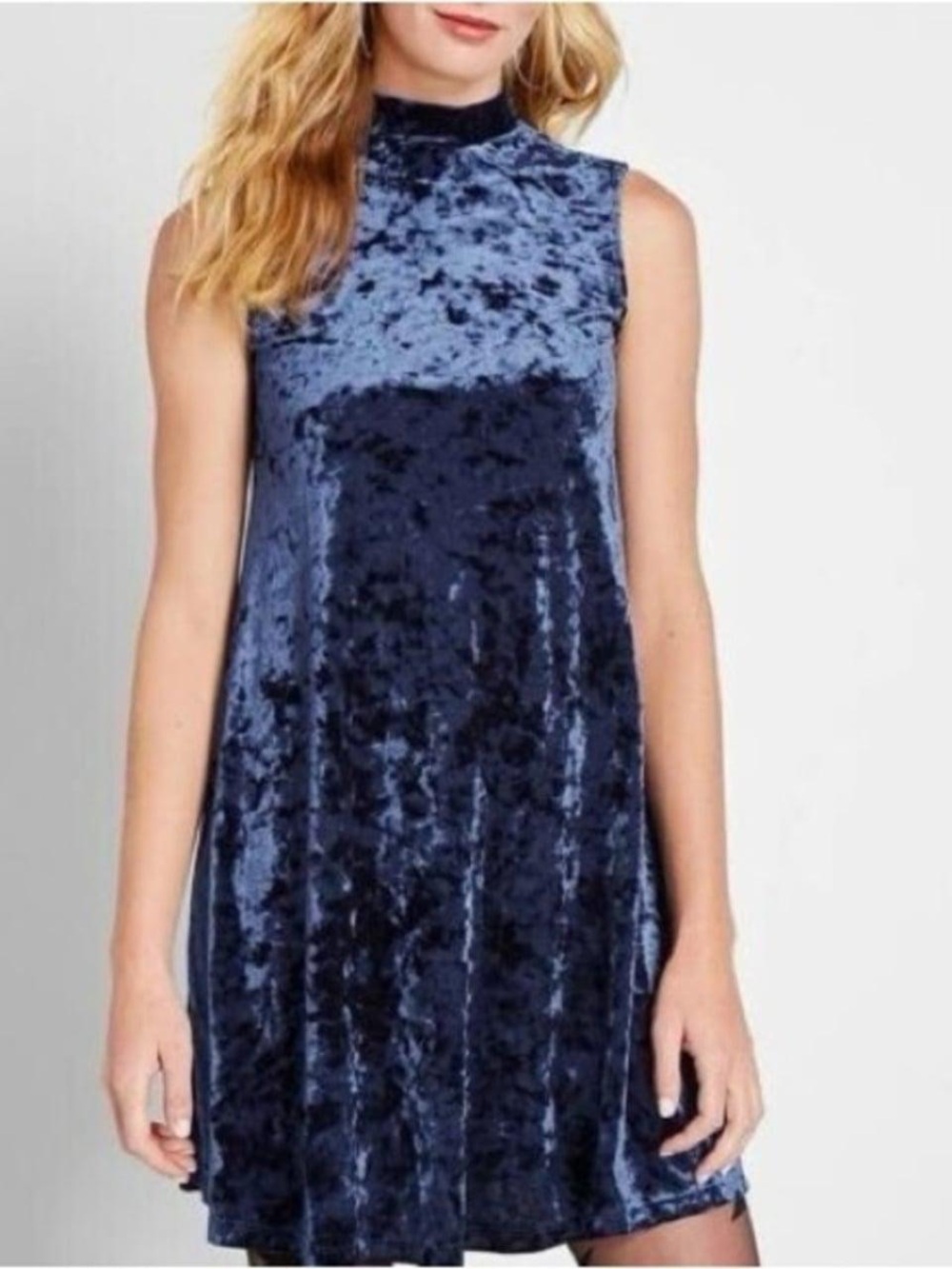 MSK Crushed Velvet Mock-Neck Shift Dress in Blue